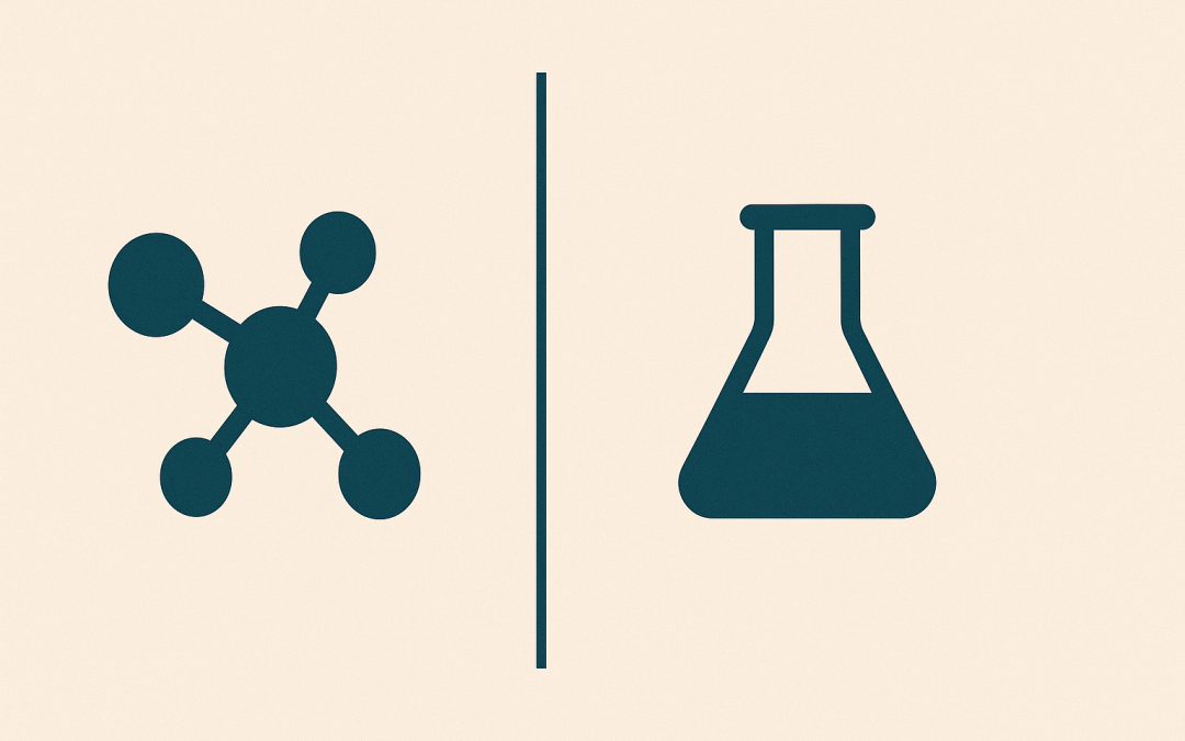 A clean, minimalist illustration showing a molecule structure on the left representing bio-identical hormones and a laboratory flask on the right representing synthetic hormone therapy, separated by a vertical line.